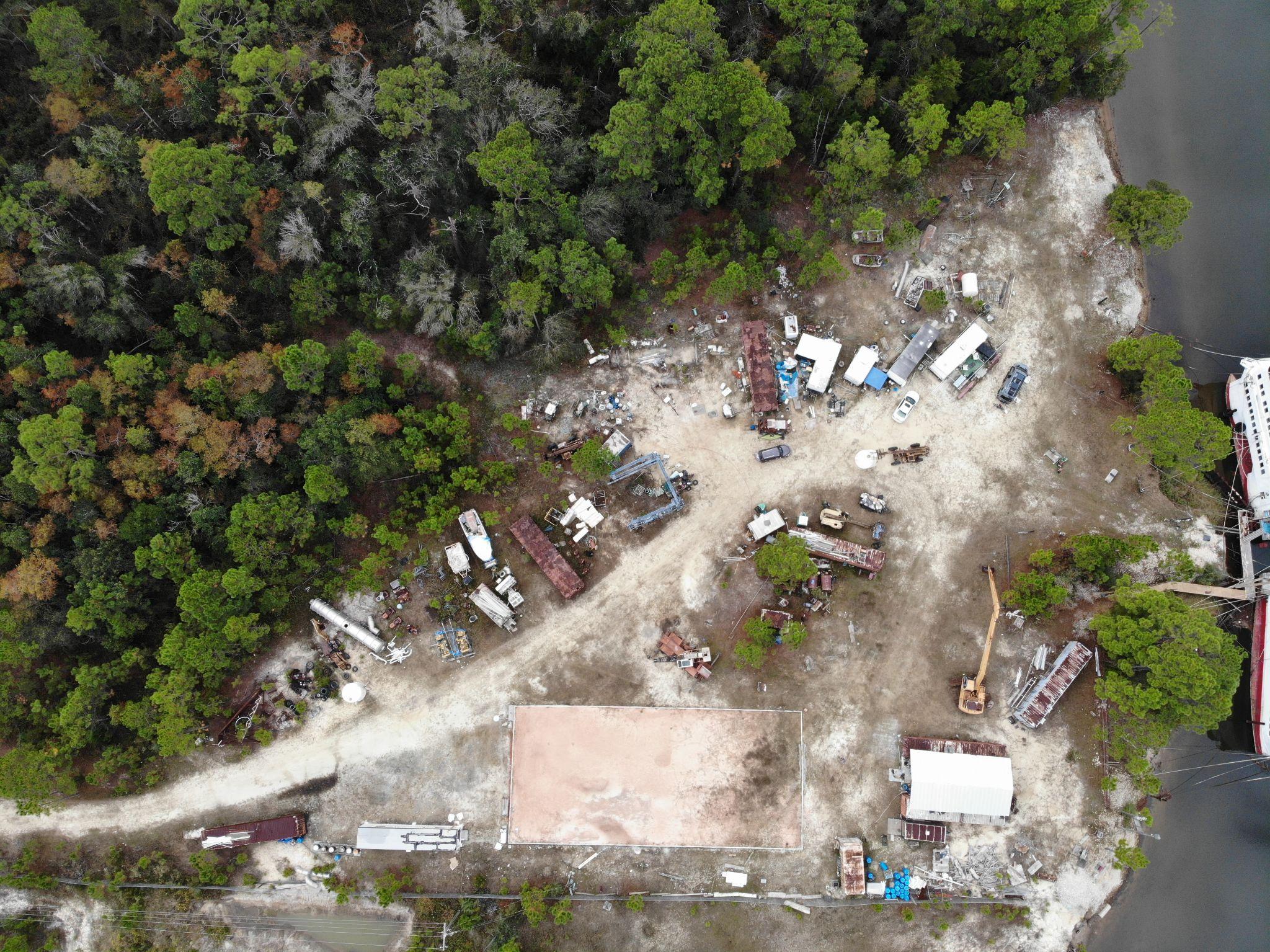 Aerial view of the Gulf County Shipbuilding waterfront and equipment on the Gulf County Canal